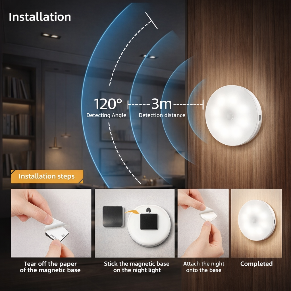 Rechargeable 8-LED Smart Motion Sensor Night Light for Stairs & Cabinets